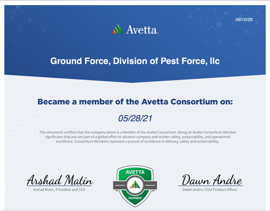 Avetta Consortium membership certificate — Ground Force, Division of Pest Force, LLC