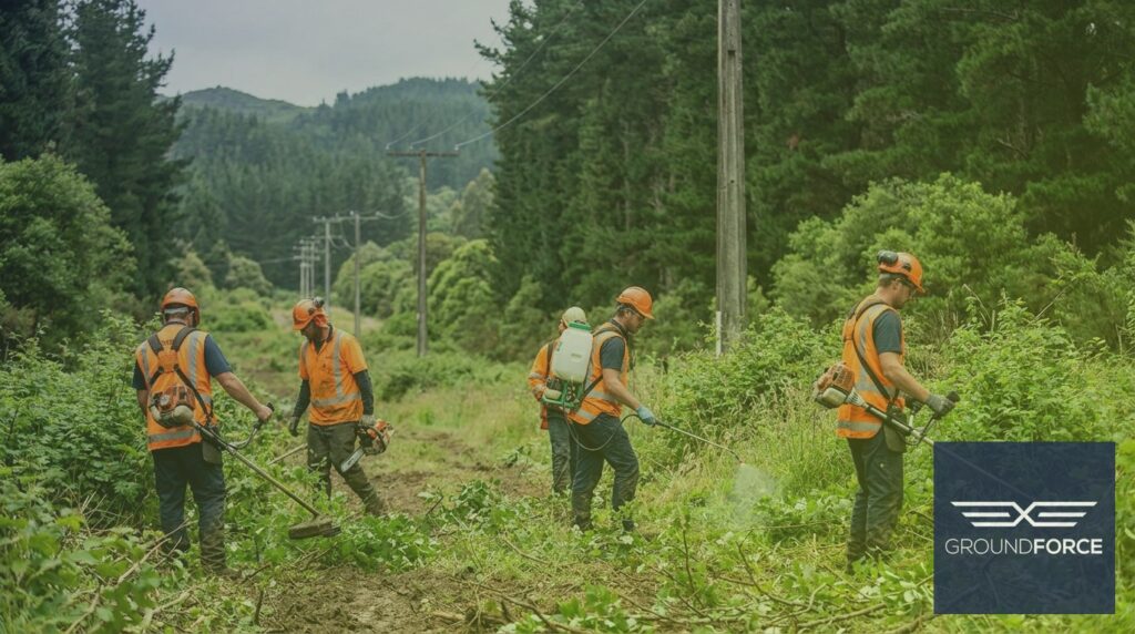 A vegetation management crew clearing overgrown brush along a Georgia utility right-of-way corridor.