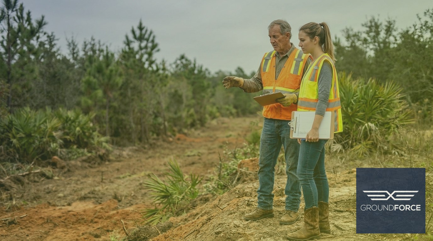 A family vegetation management team surveying a cleared commercial site in Georgia.