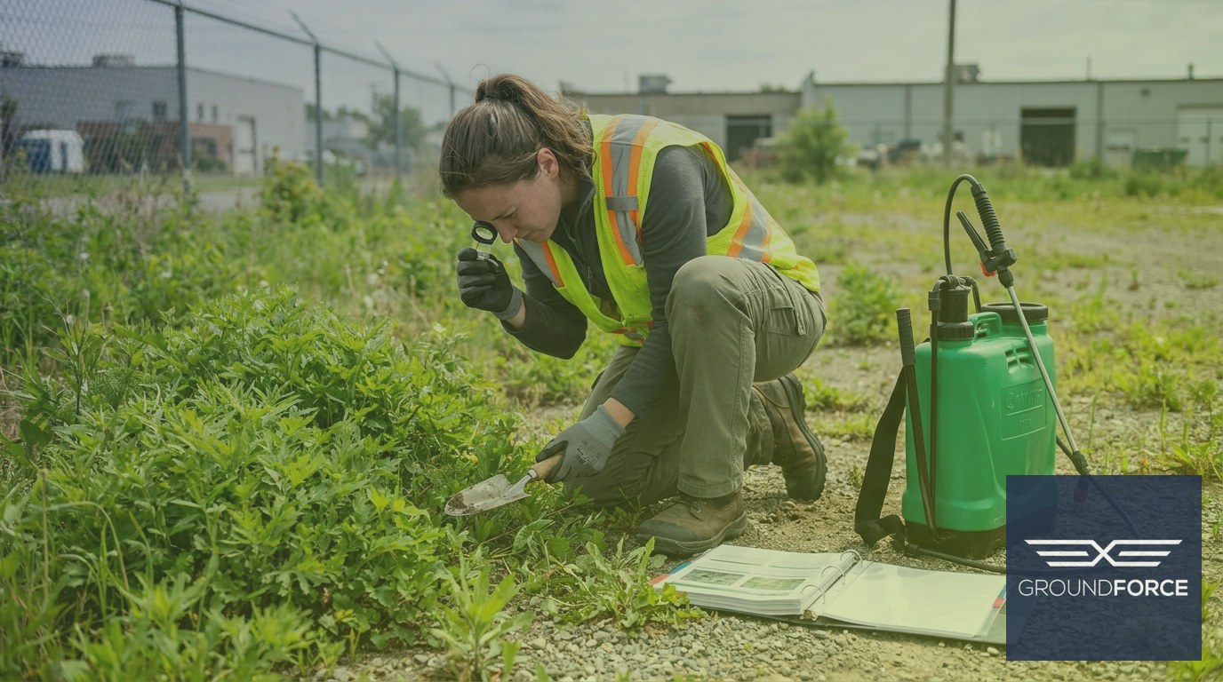 A vegetation management technician inspecting invasive plant species before applying an eco-friendly treatment.