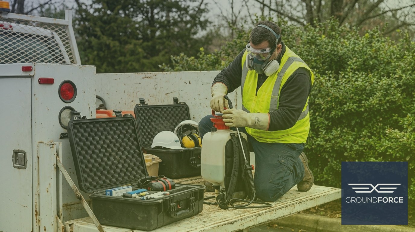 A licensed pesticide applicator in protective gear preparing equipment at a vegetation management job site.