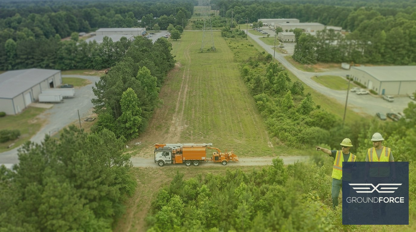 Vegetation management workers assessing a rights-of-way corridor through Georgia's industrial and forested landscape.