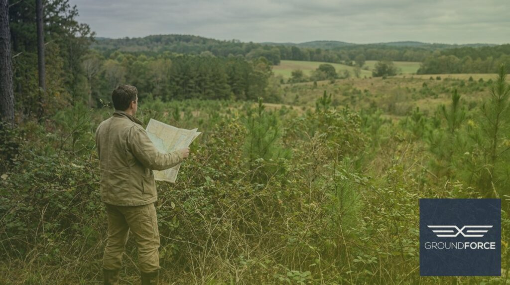 A land manager surveying dense native vegetation at the edge of a Georgia woodland property.