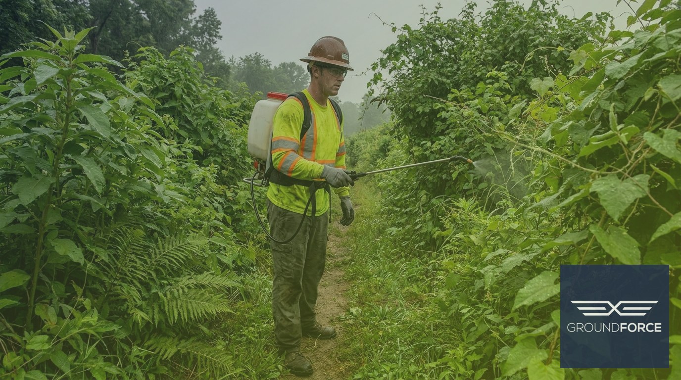 A vegetation management technician applying treatment to dense fast-growing brush along a humid Georgia right-of-way corridor.