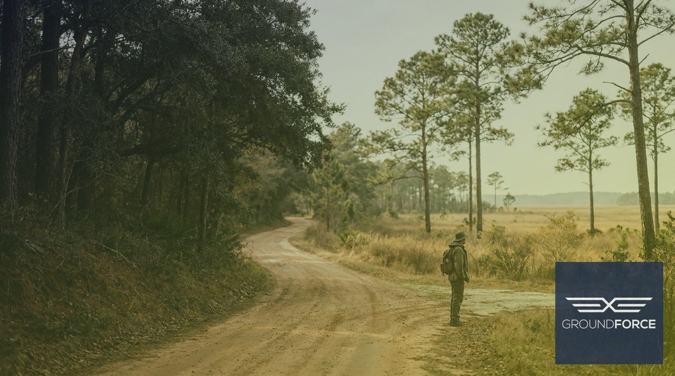 A dirt road marking the geographic transition between forested mountain slopes and an open longleaf pine coastal plain.