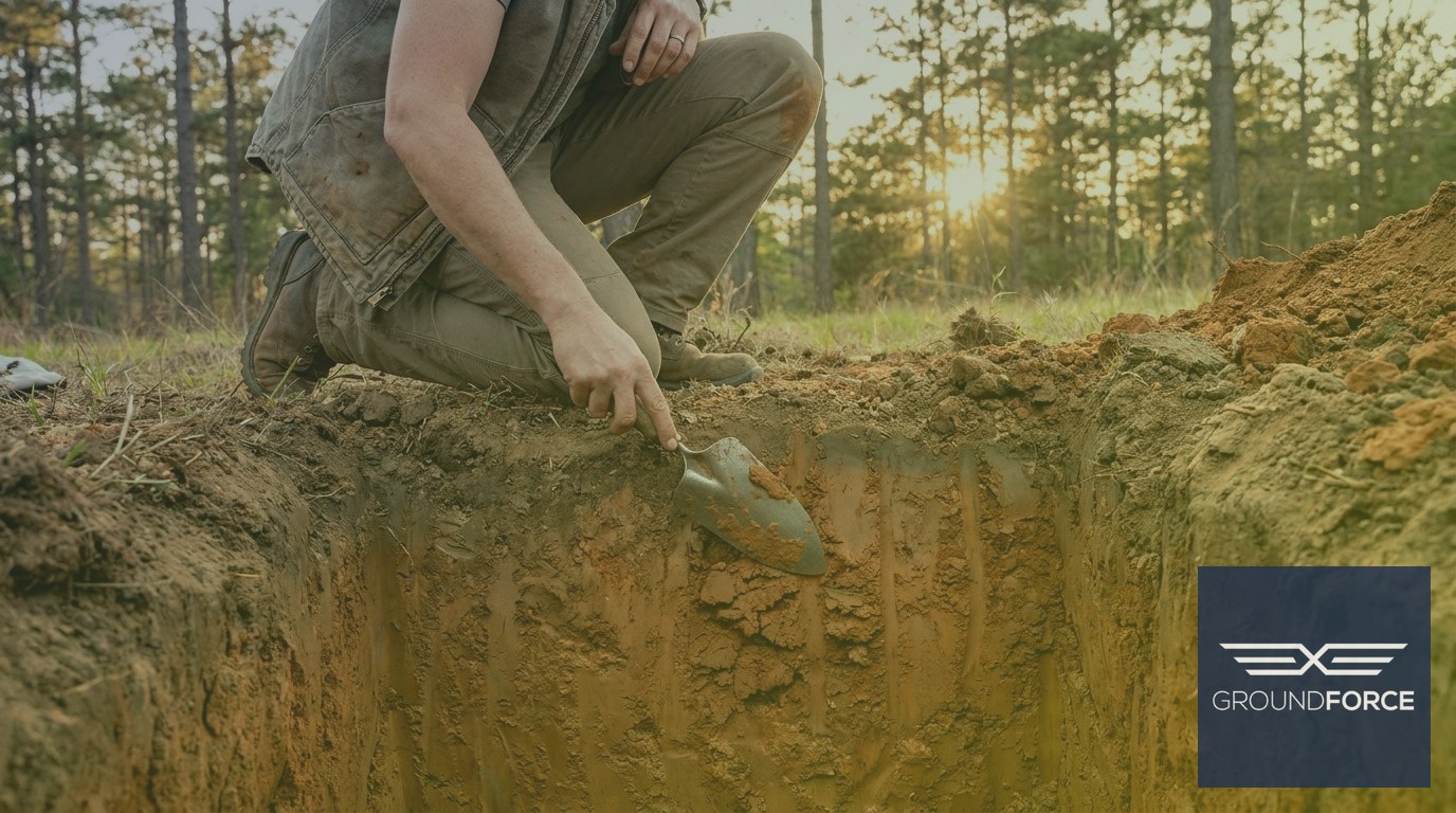A soil scientist examining a red clay soil profile pit typical of Georgia's Piedmont region.