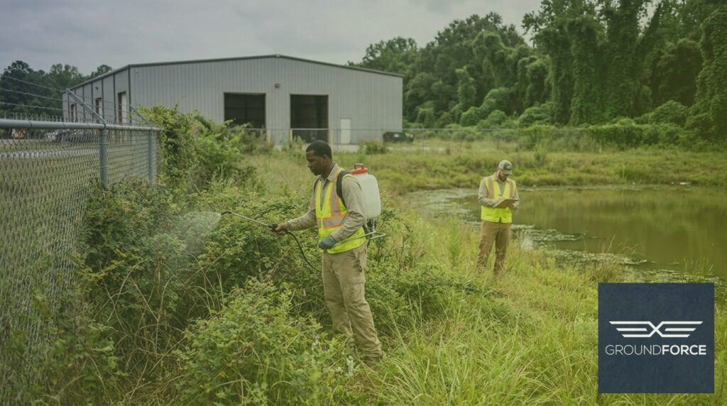 A commercial vegetation management crew treating invasive plant growth along the perimeter buffer of a large Georgia industrial property.