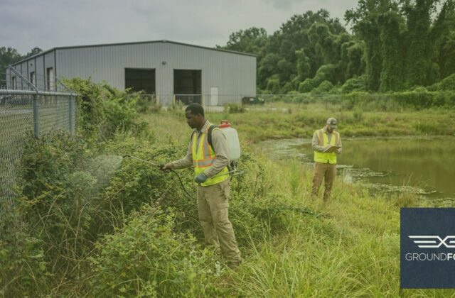 A commercial vegetation management crew treating invasive plant growth along the perimeter buffer of a large Georgia industrial property.