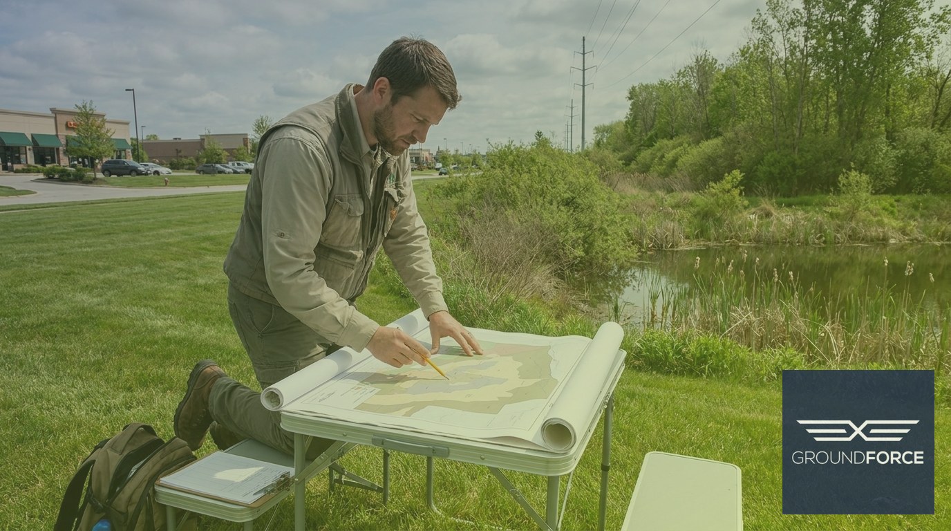 A vegetation management professional reviewing a zoned site map outdoors at a commercial property with multiple distinct vegetation areas visible behind them.