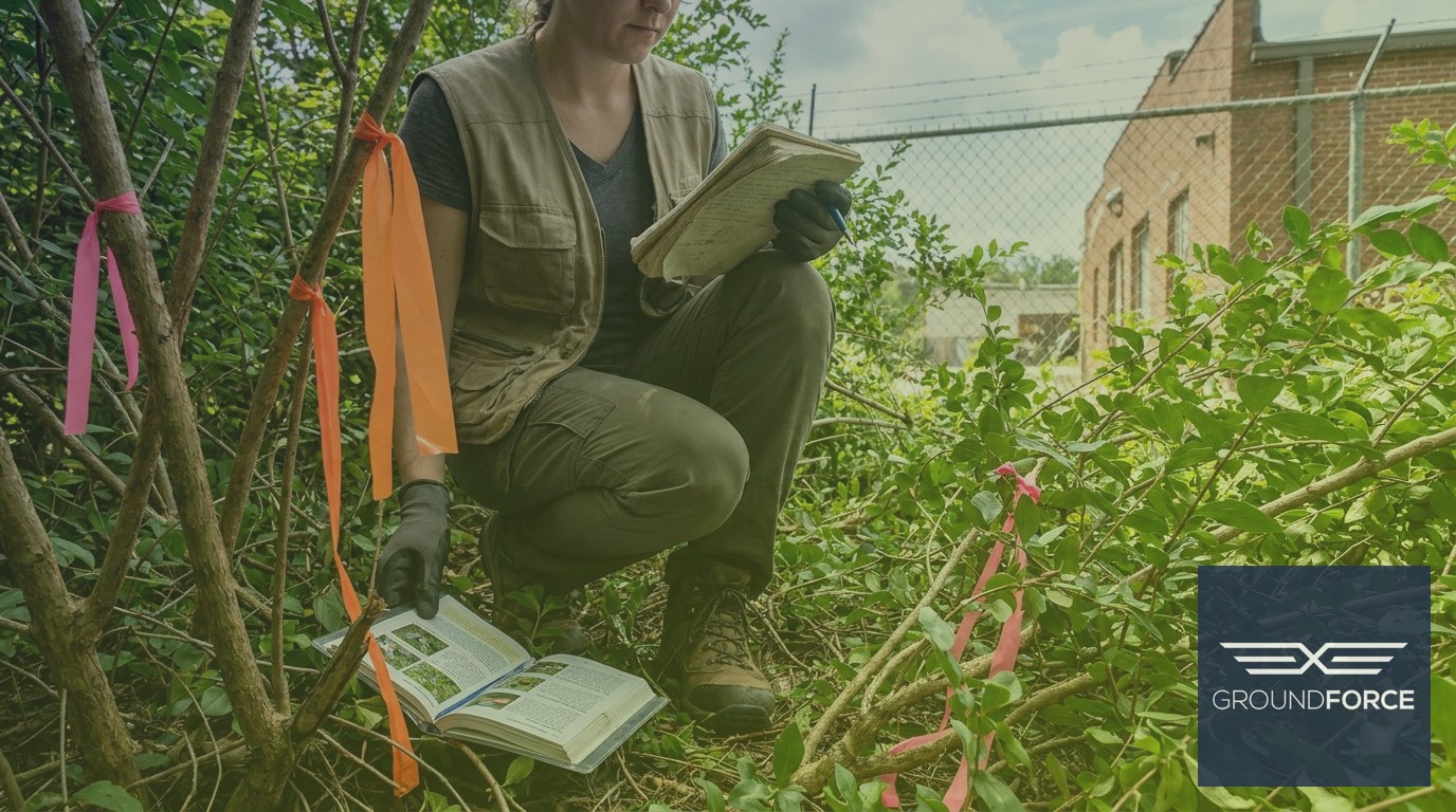 A vegetation management assessor documenting invasive Chinese privet during a professional site assessment on a Georgia commercial property.