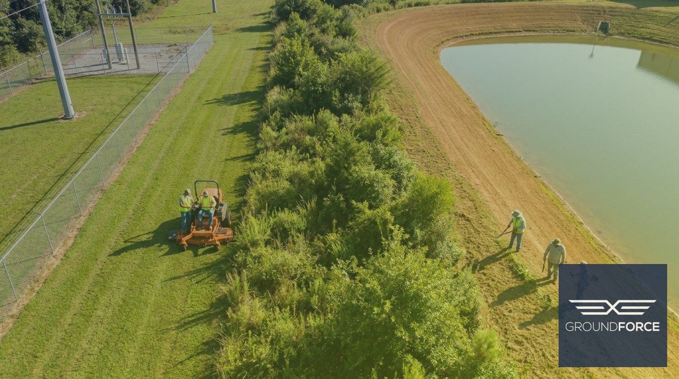 Aerial view of a commercial property with workers maintaining separate land zones including a turf corridor, stormwater buffer, and pond bank.