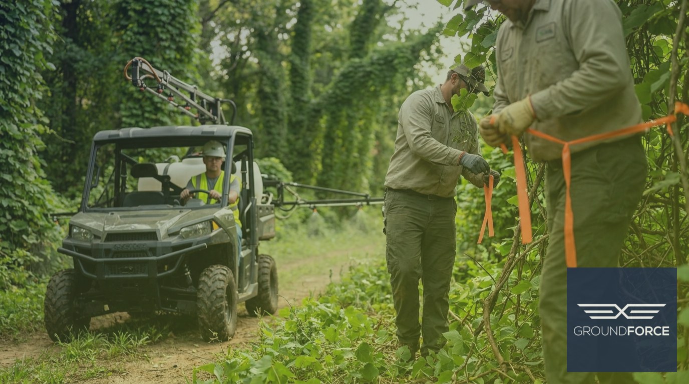 A vegetation management technician applying herbicide treatment along a kudzu-covered perimeter on a Georgia commercial property during a multi-year suppression program.