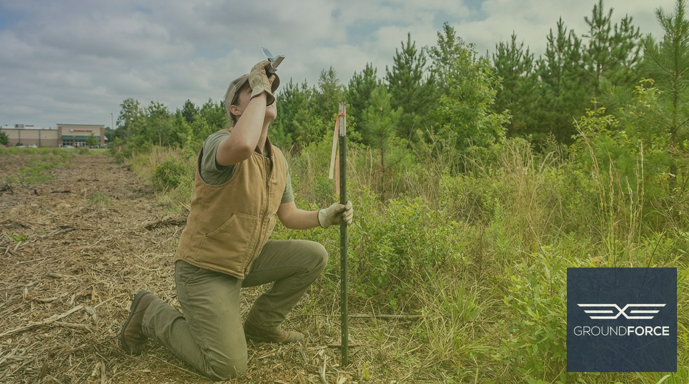 A vegetation management technician measuring canopy cover and erosion recovery at a permanent monitoring plot on a Georgia commercial property.