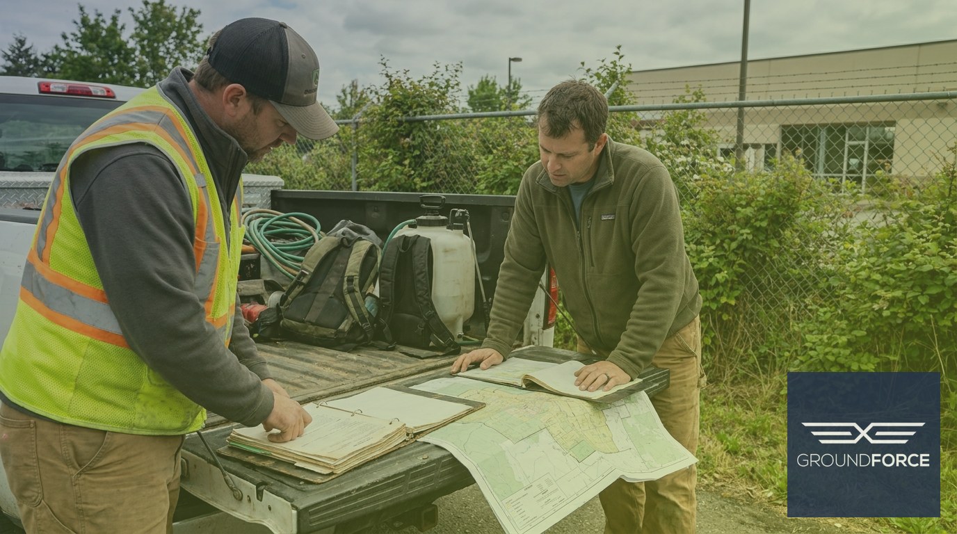 A commercial property manager and a licensed vegetation management contractor reviewing treatment documentation and zone records at a job site.
