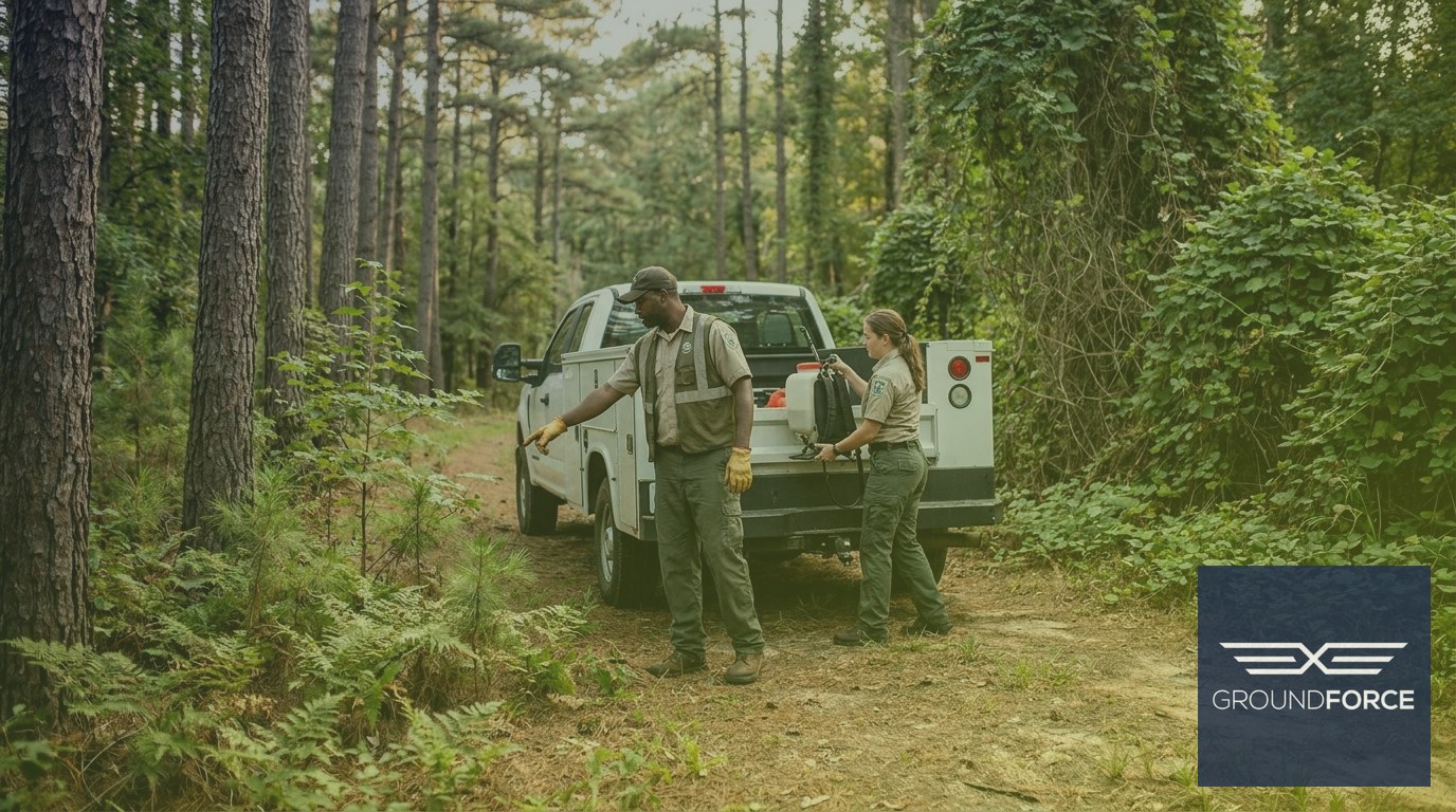 A vegetation management crew performing a second-year targeted treatment on a recovering commercial property perimeter in Georgia, comparing it to adjacent untreated vegetation.