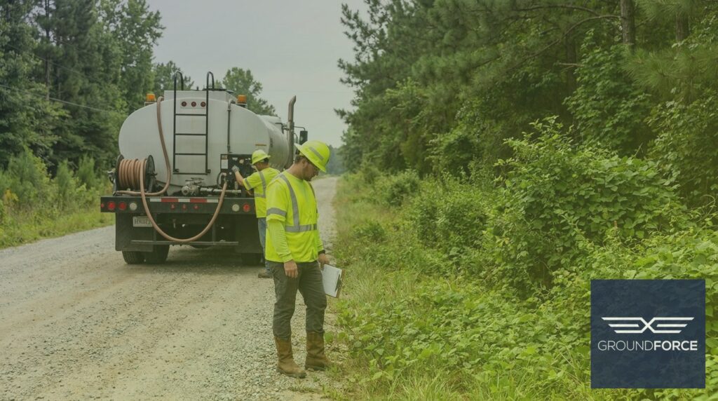 A vegetation management contractor crew conducting a pre-treatment site assessment along a commercial right-of-way in Georgia.