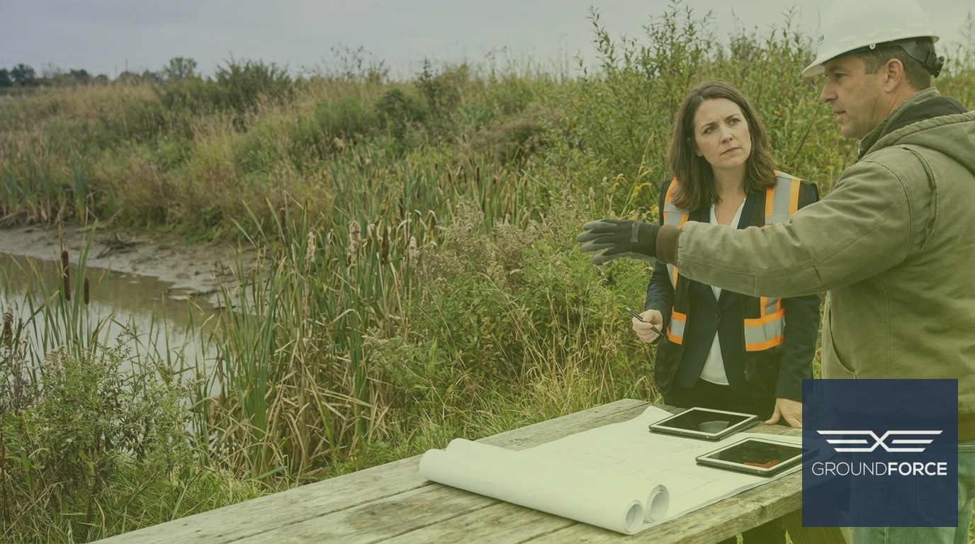 A vegetation management contractor and a commercial property manager discussing site conditions at a retention pond during an initial screening meeting.