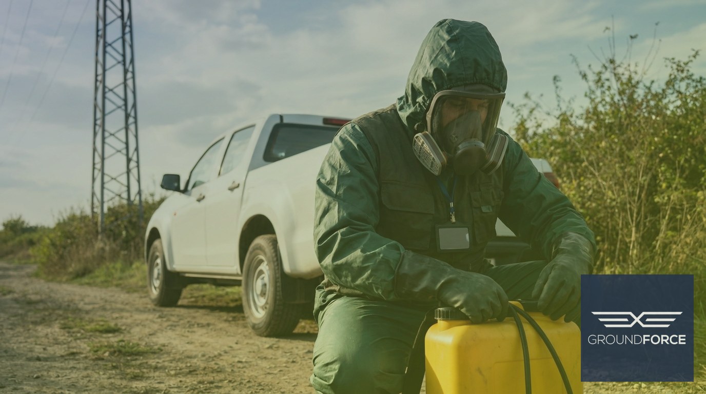 A licensed commercial pesticide applicator suiting up with protective equipment next to a vegetation management service truck before treating a utility corridor.