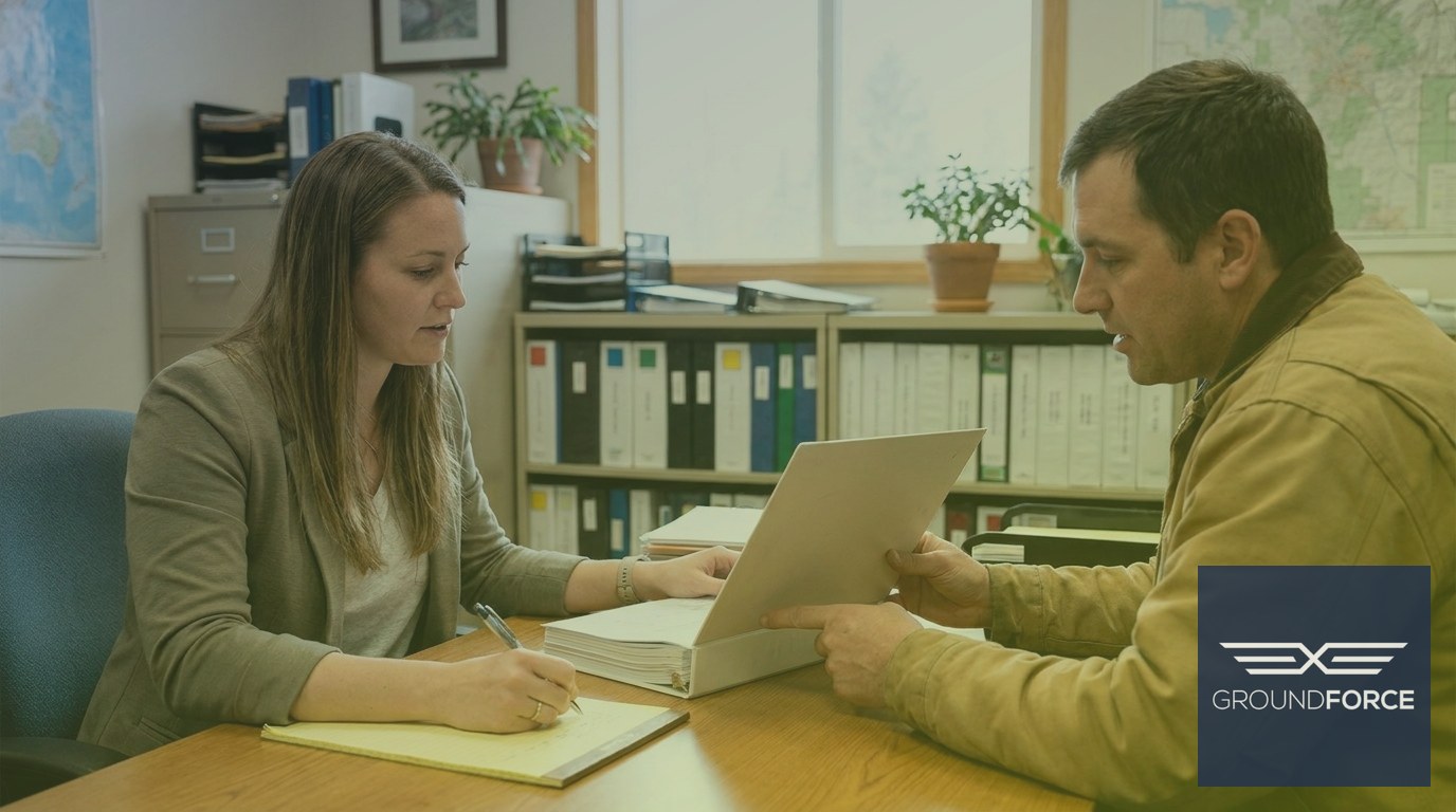 A vegetation management contractor representative reviewing insurance coverage documentation with a client's office administrator during a pre-contract qualification meeting.