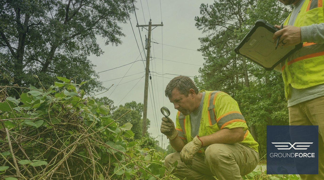 An experienced vegetation management crew lead conducting a hands-on site assessment along a municipal right-of-way corridor in Georgia.