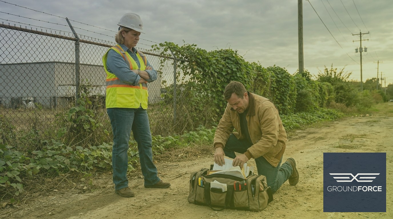 A commercial facilities manager confronting a vegetation management contractor who cannot produce required licensing documentation during a pre-contract site visit.