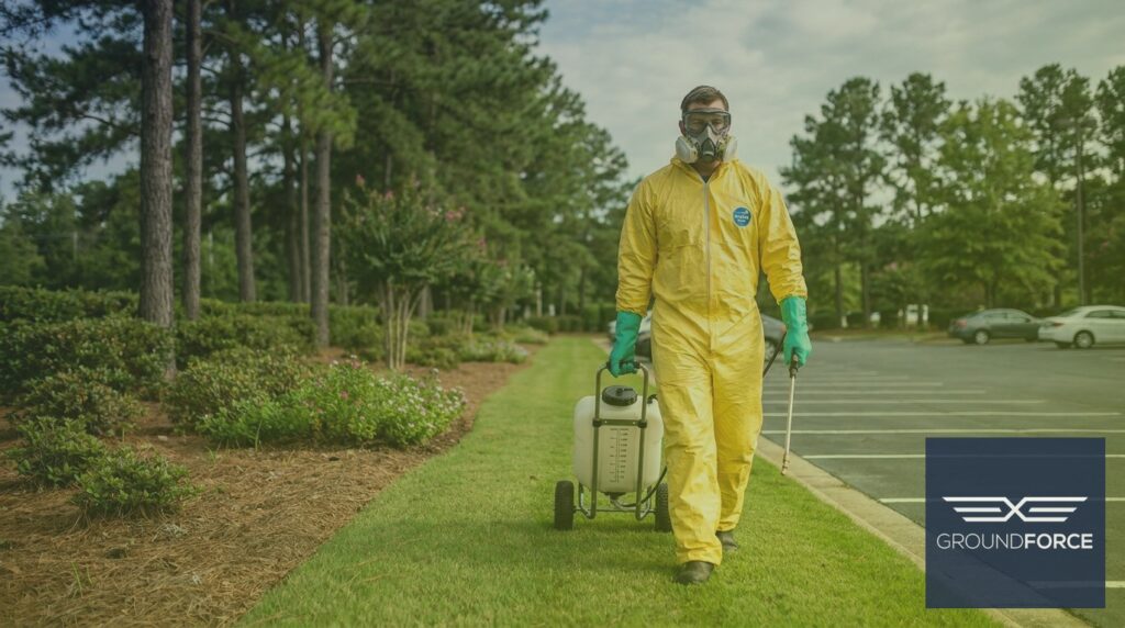 A licensed herbicide applicator in protective gear treating a large commercial turf area with a backpack sprayer.