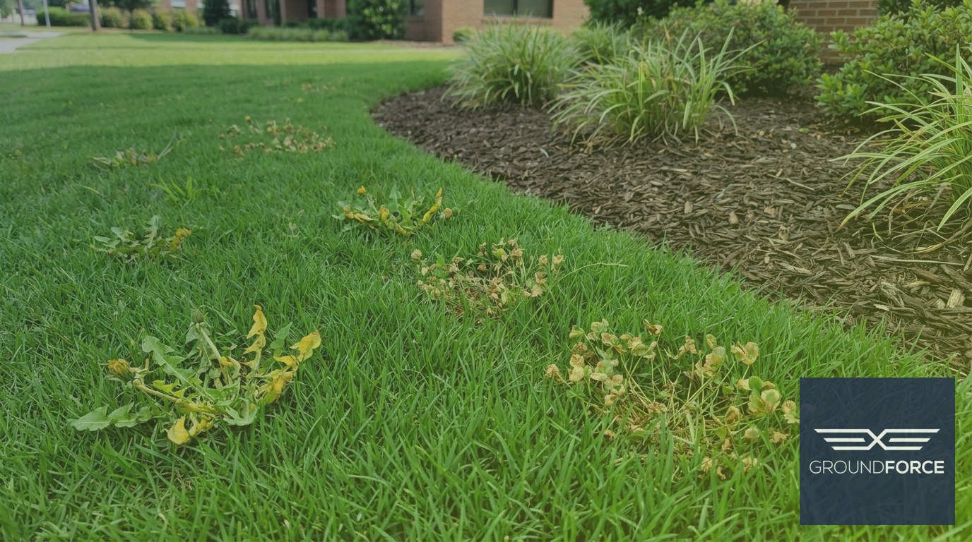 Wilting broadleaf weeds surrounded by healthy turf grass along a commercial landscape bed edge.
