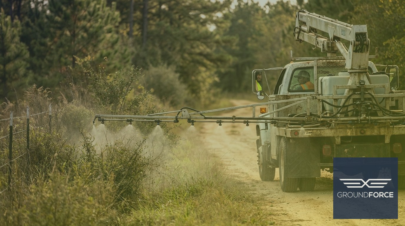 A truck-mounted boom sprayer applying herbicide along a commercial right-of-way fence line corridor.