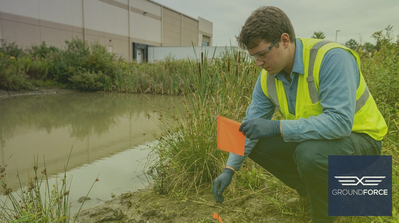 A crew member placing a buffer zone marker flag at the edge of a commercial property stormwater pond.