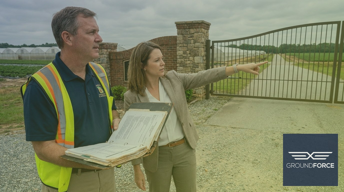 A state agriculture inspector reviewing herbicide application records with a commercial property manager on-site.
