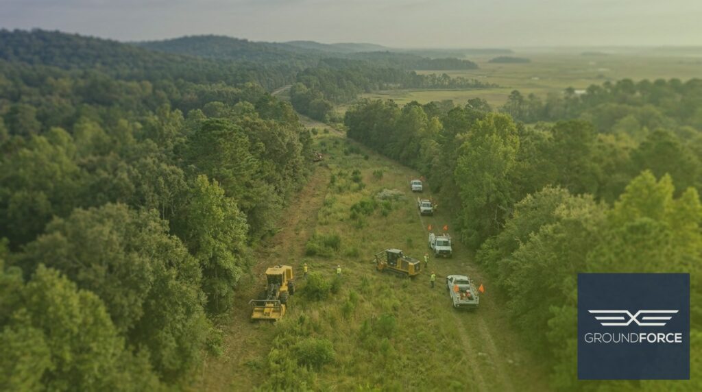Commercial vegetation management crew maintaining a utility corridor across Georgia's diverse ecological landscape.
