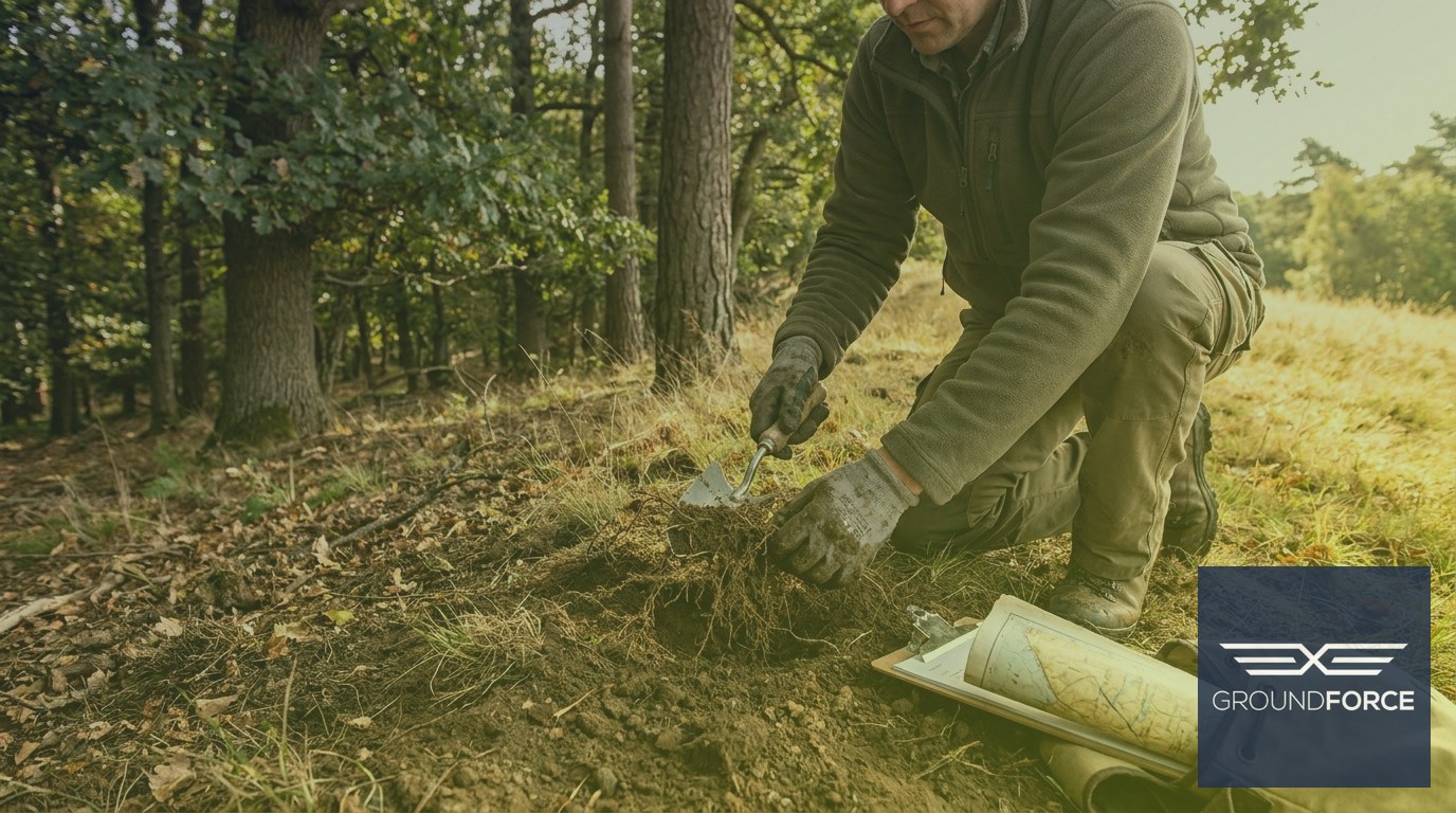 A land manager assessing soil and plant communities at the boundary between Georgia's Piedmont woodland and open slope terrain.