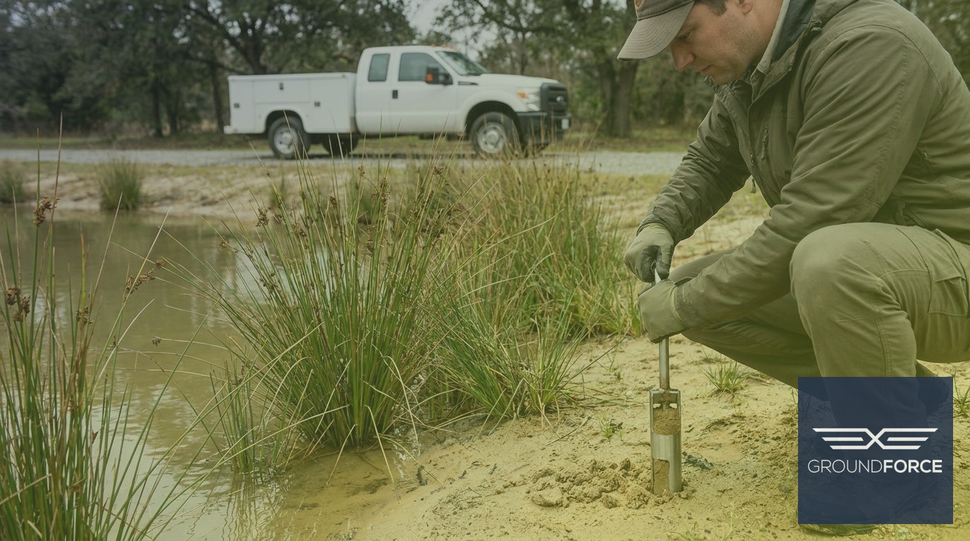 A vegetation specialist conducting an ecological site assessment at the edge of a commercial retention pond in Georgia's Coastal Plain.