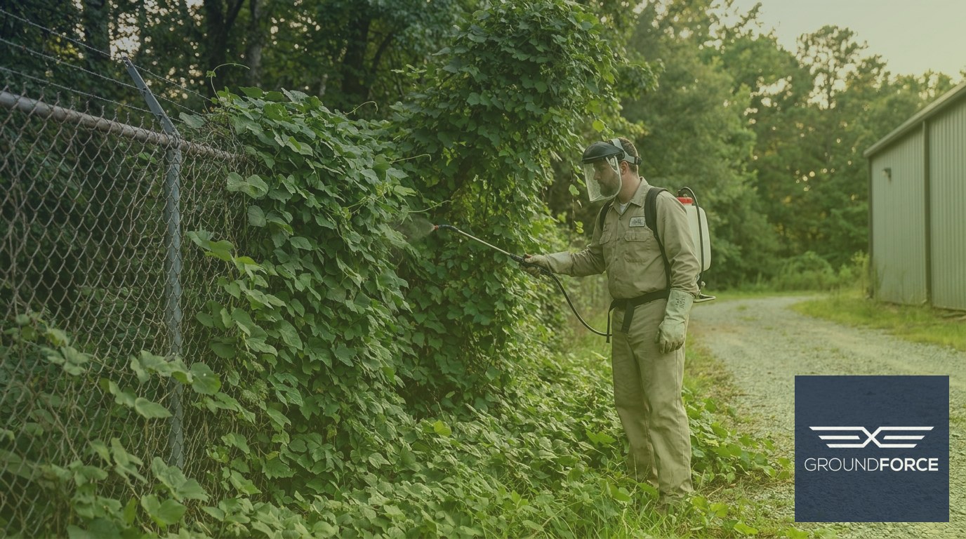 A field technician treating a kudzu infestation overtaking a fence line and trees along a Georgia commercial property boundary.