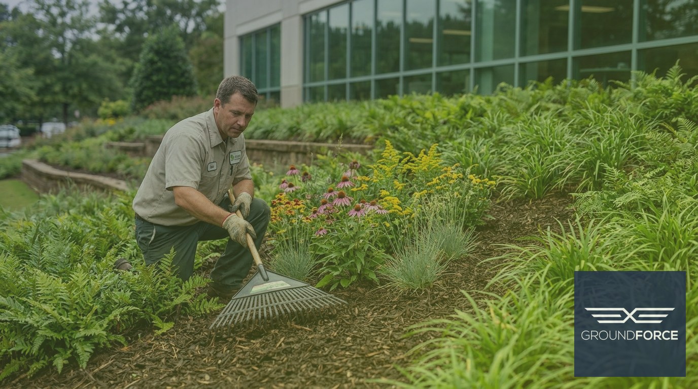 A groundskeeper installing native plants and groundcover along a managed slope at a Georgia commercial property.