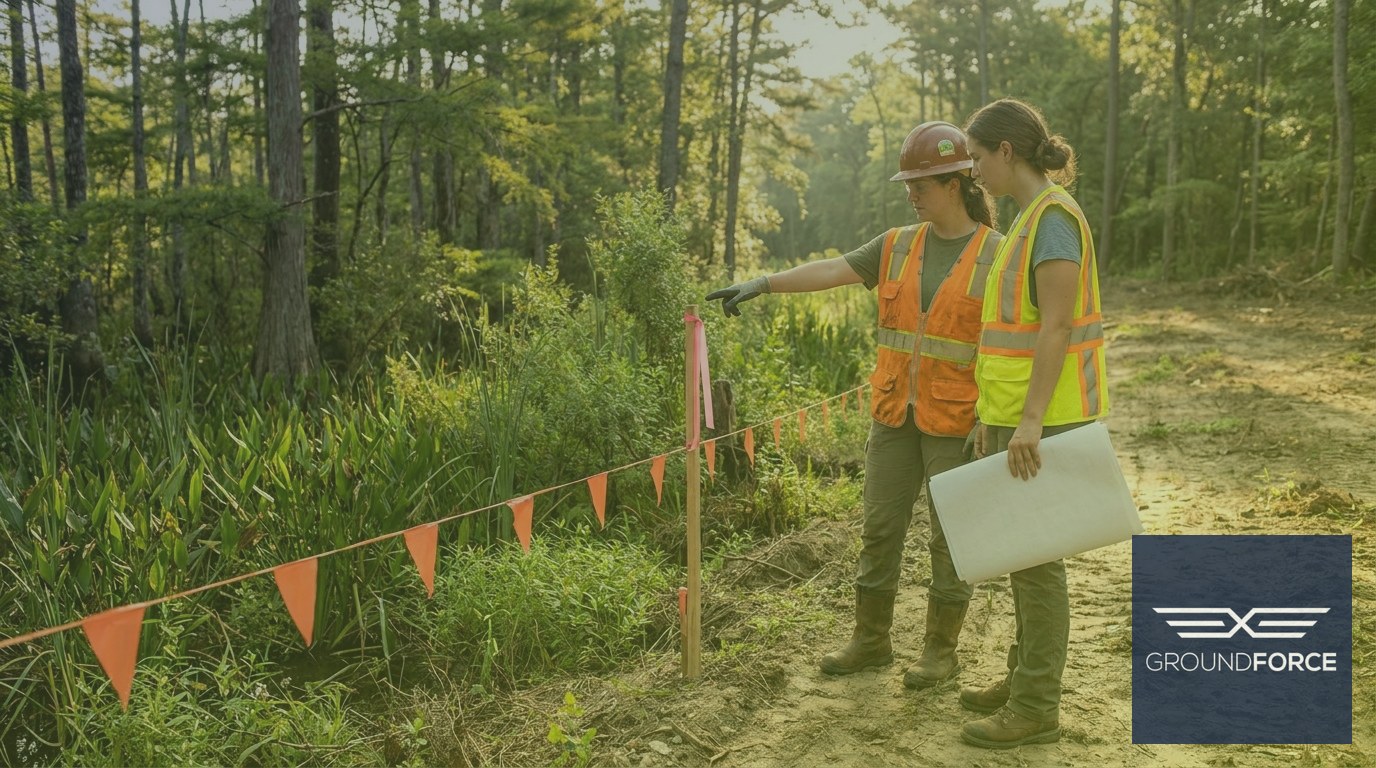 Vegetation management professionals reviewing a wetland buffer boundary on a permitted commercial site in Georgia.