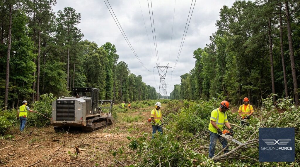 Vegetation management crew clearing dense undergrowth along a utility transmission right-of-way corridor in a Georgia forest.
