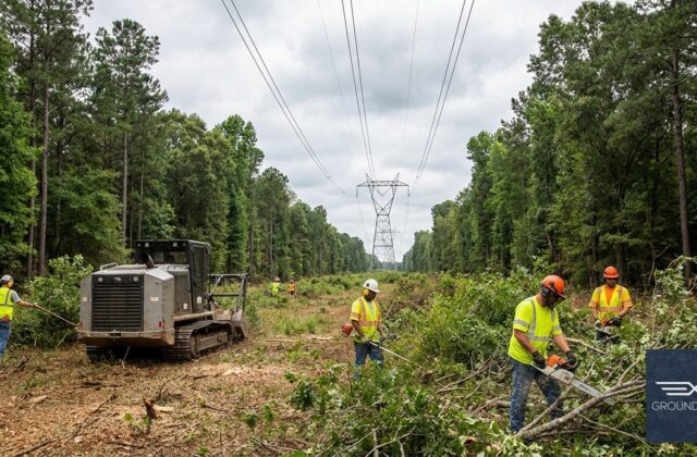 Vegetation management crew clearing dense undergrowth along a utility transmission right-of-way corridor in a Georgia forest.