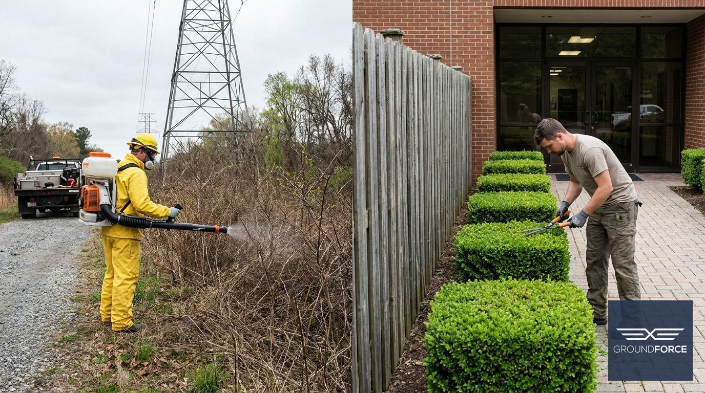 A vegetation management technician treating invasive shrubs on an easement alongside a landscaper maintaining ornamental hedges at a commercial property.