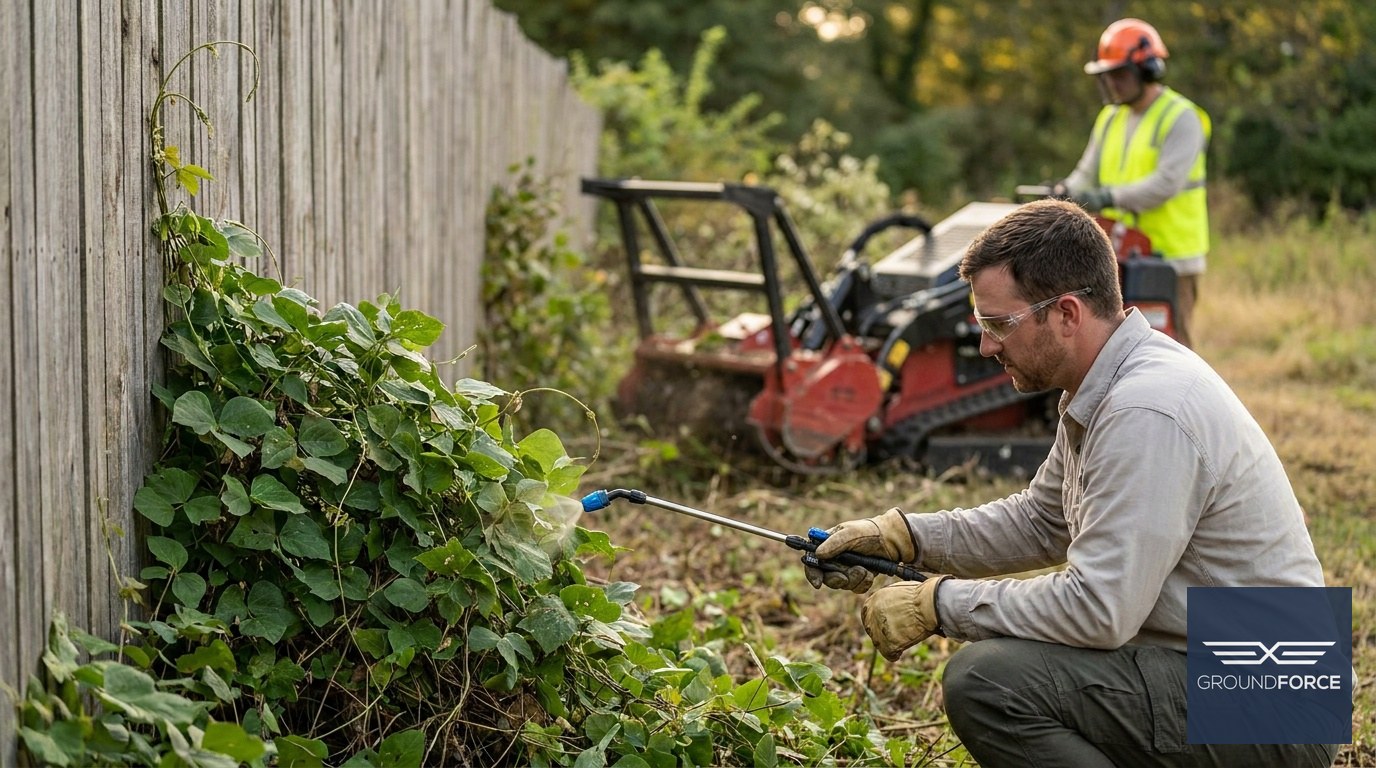 Vegetation management professionals using targeted herbicide application and mechanical mulching equipment to control invasive plants along a fence row.