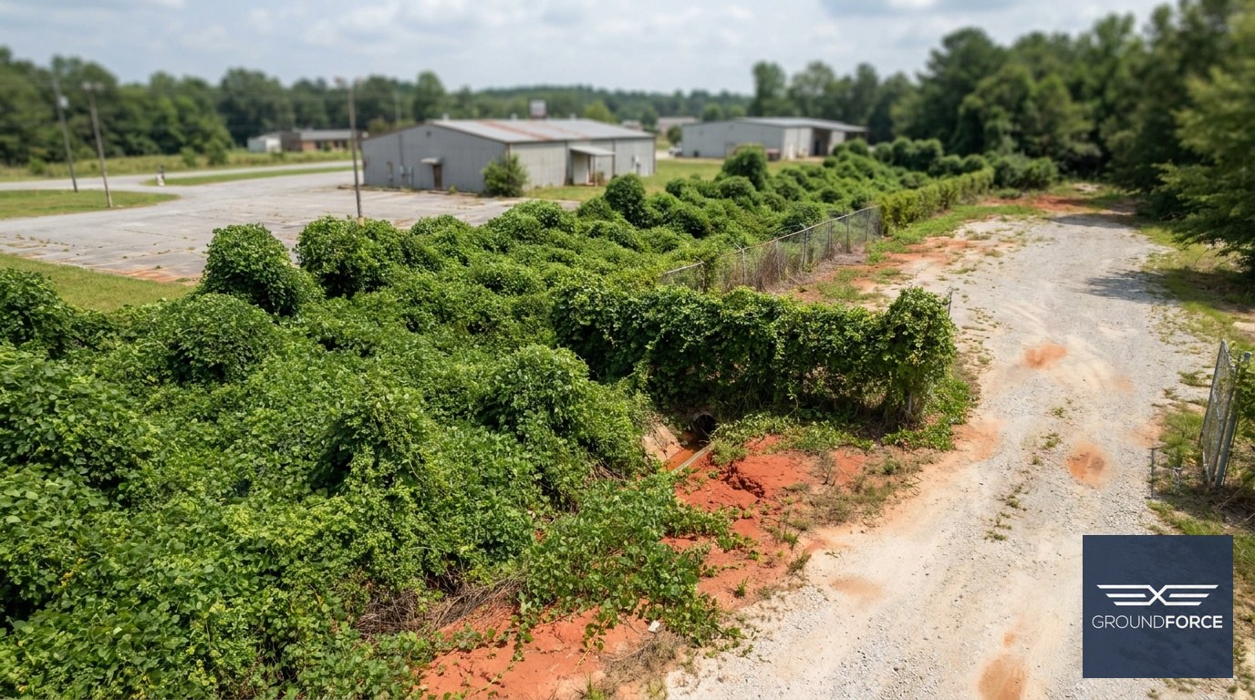 Kudzu and invasive privet overtaking a drainage swale and fence line along a commercial access road in Georgia.