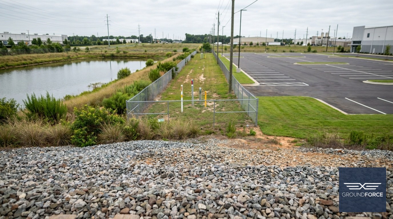 A Georgia industrial corridor showing a railroad embankment, retention pond, pipeline easement, and commercial turf areas that require professional vegetation management.