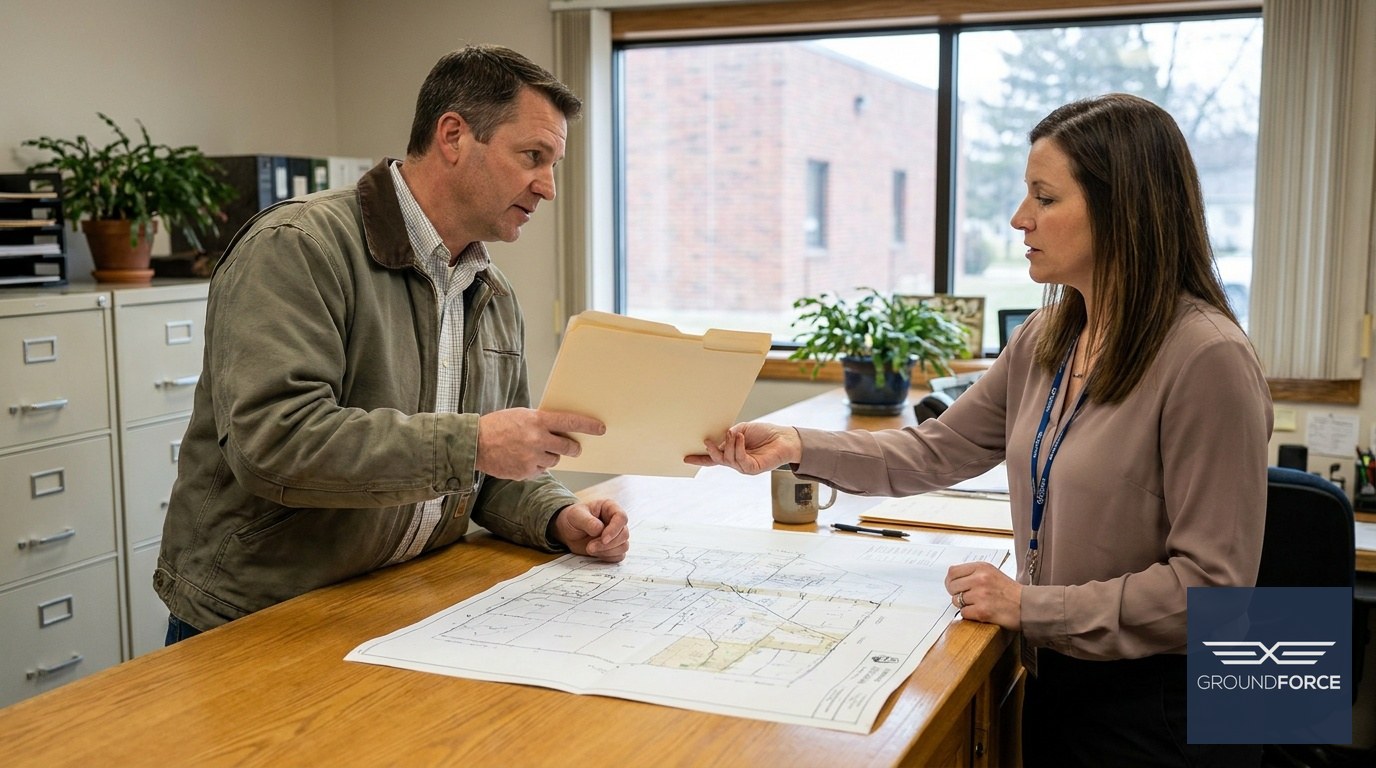 A licensed pesticide contractor submitting compliance documentation to a Georgia Department of Agriculture official at a field office.