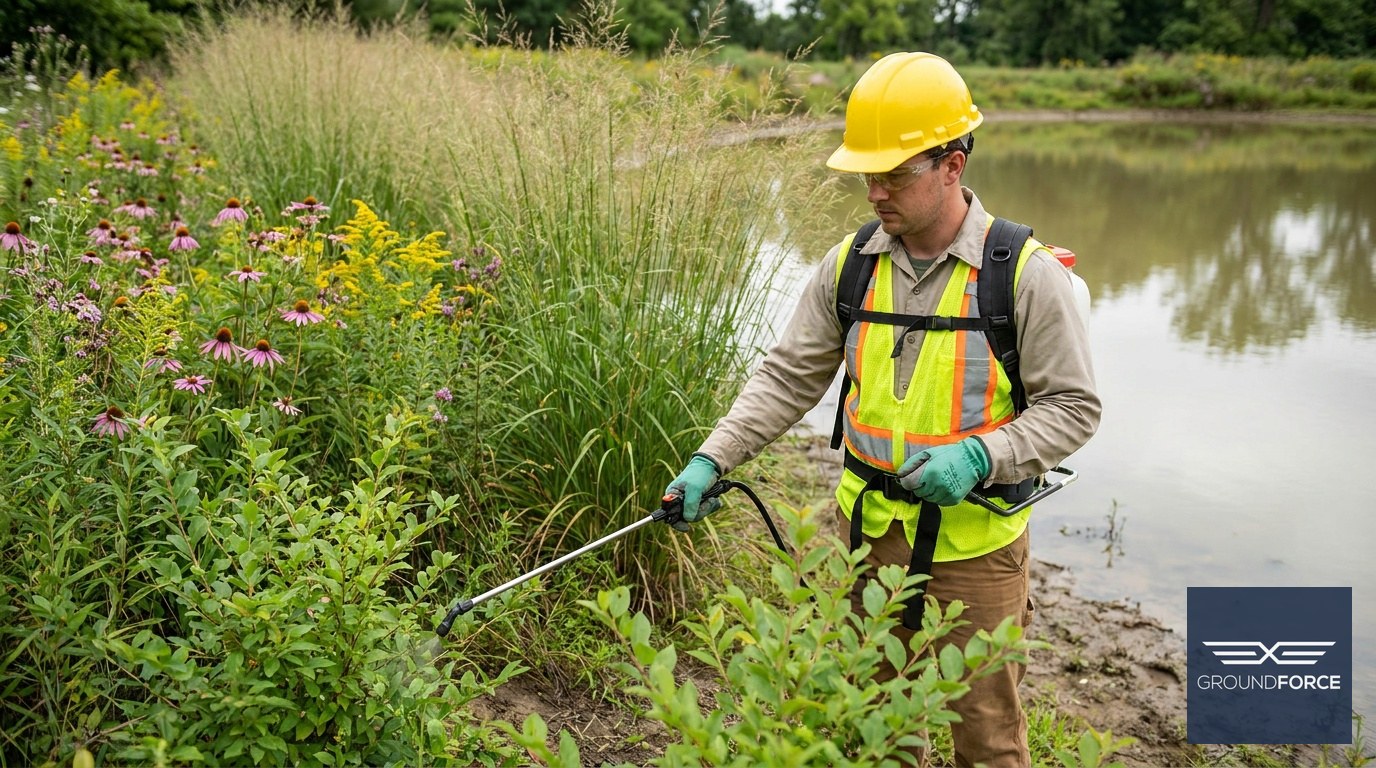 A vegetation management technician spot-spraying invasive privet beside a Georgia stormwater pond with an established native plant buffer behind them.