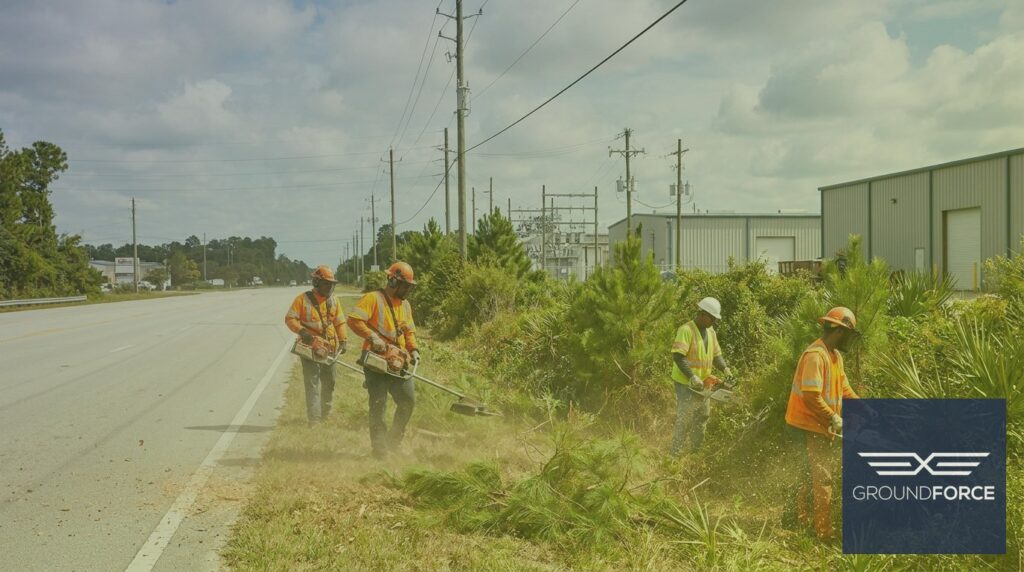 A commercial vegetation management crew clearing overgrown brush along an industrial right-of-way corridor in Georgia.