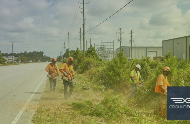 A commercial vegetation management crew clearing overgrown brush along an industrial right-of-way corridor in Georgia.