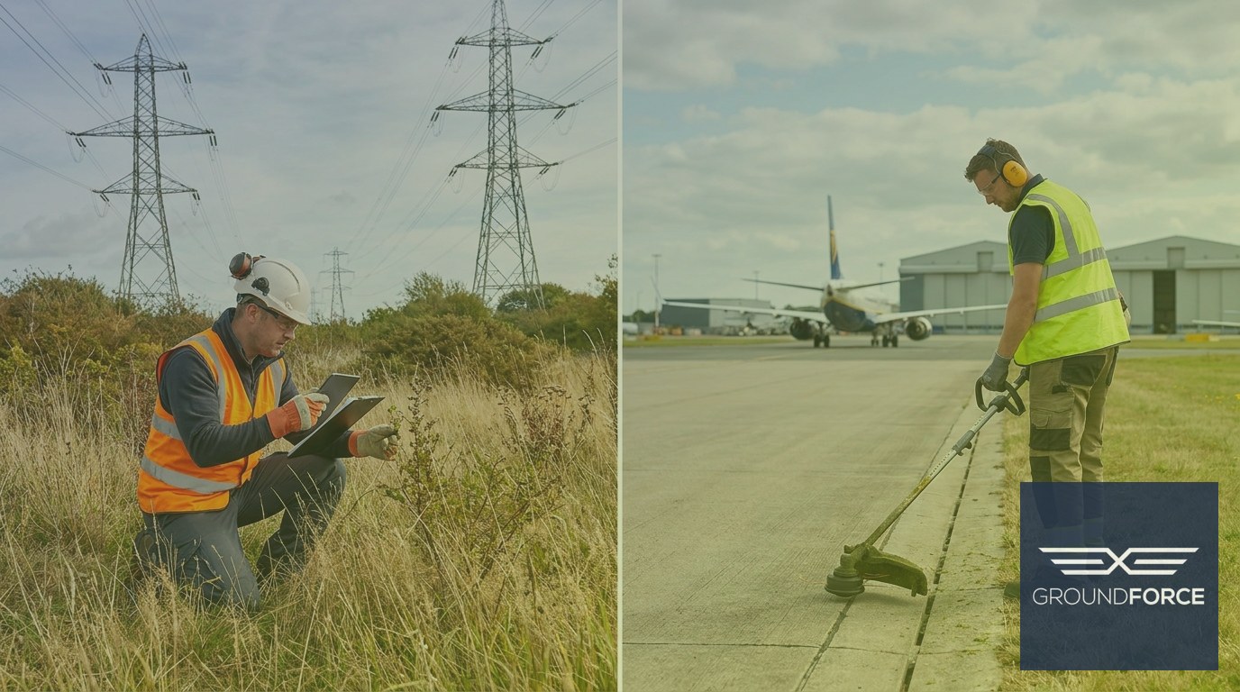 Vegetation management workers operating in two different industry environments, one beneath power transmission lines and one along an airport taxiway edge.
