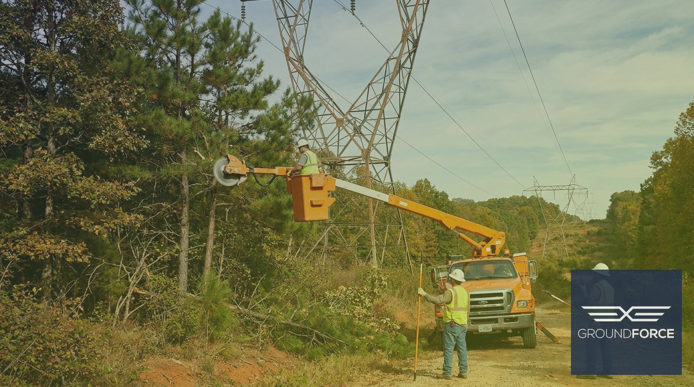 A utility vegetation management crew trimming trees beneath high-voltage electric transmission lines using a bucket truck.