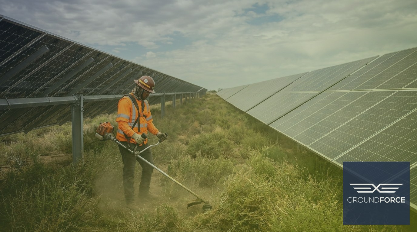 A vegetation management worker trimming ground cover between rows of solar panels at a utility-scale solar farm.