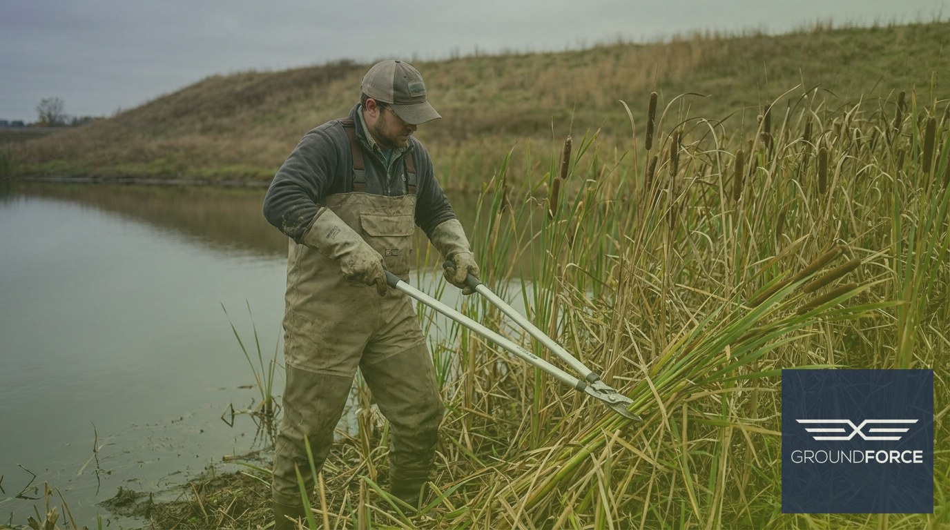 A technician in waders cutting invasive cattails and phragmites from the edge of an overgrown stormwater retention pond.